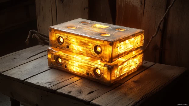 Stack of glowing, vintage cassette tapes placed on a wooden surface, with a nostalgic atmosphere and soft background lighting.
