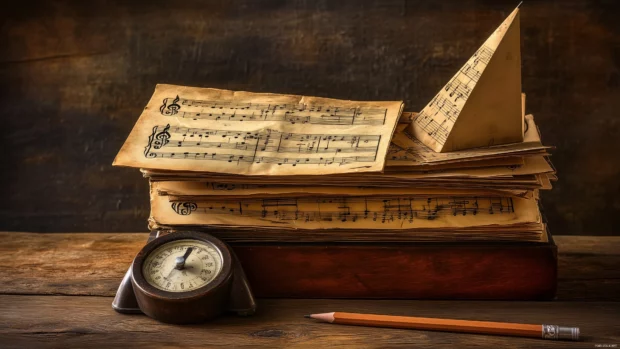 Stack of old sheet music yellowed pages vintage style shot worn out metronome and pencil nostalgia and history.