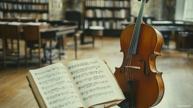 Stacked sheet music beside cello and bow in rehearsal room.