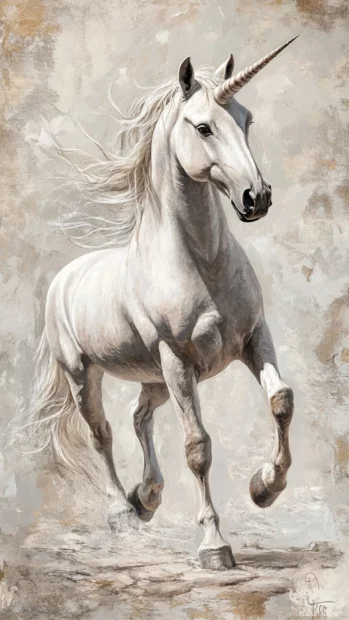 Standing unicorn on gentle marble texture.