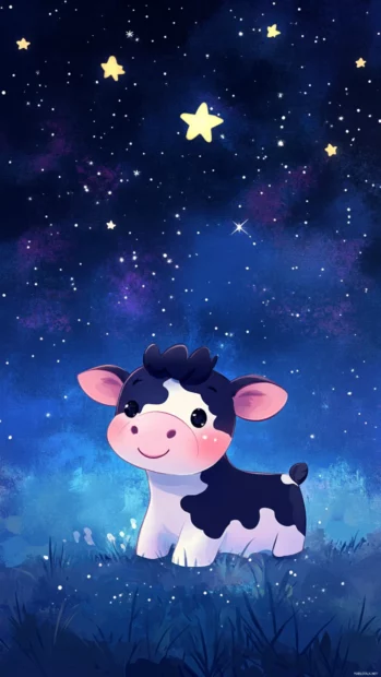 Star filled night featuring a cute cow from Sweet Kawaii Cow character.