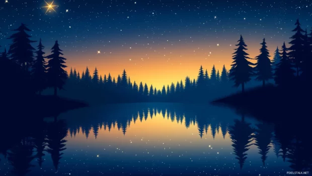 Star filled night sky reflects on calm lake, mirror effect, dark forest silhouette.