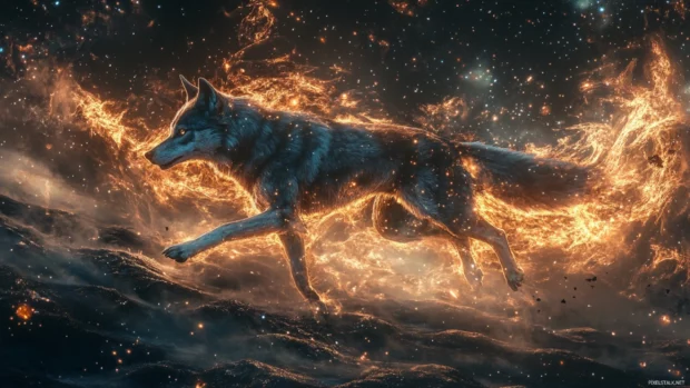 Star infused wolf running at light speed across a space horizon.