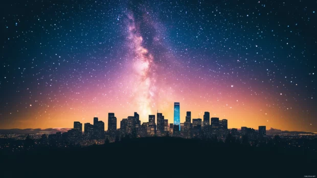 Starry night sky, city skyscrapers in silhouette, blending urban and nature.
