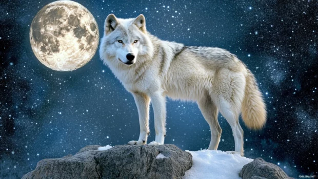 Starry night wolf background where a giant moon and countless stars illuminate a frozen tundra.