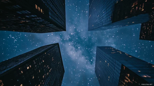 Starry reflections glimmer around New York Citys iconic towers.