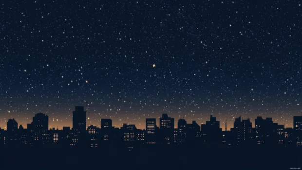 Stars faintly shine above the sleeping black city.