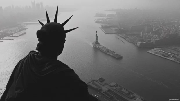 Statue of Liberty gazes across the waters toward New York City.