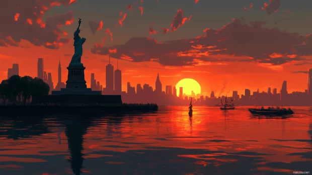 Statue of Liberty in foreground, serene Manhattan skyline at sunset.