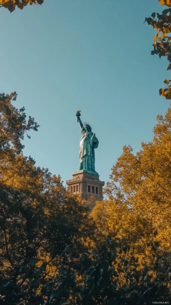 Statue of Liberty in simple view, bright blue sky backdrop.