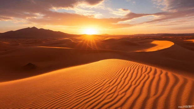 Still air and warm light fill the desert at sunrise.