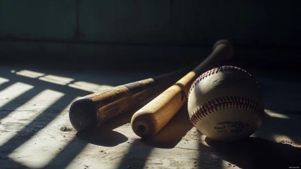Still life of baseball equipment under moody shadows.