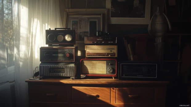 Still life of vintage radios stacked on a wooden shelf, with soft natural light casting gentle shadows.