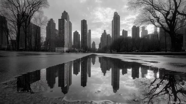 Still reflections in puddles mirror the city in black and white.