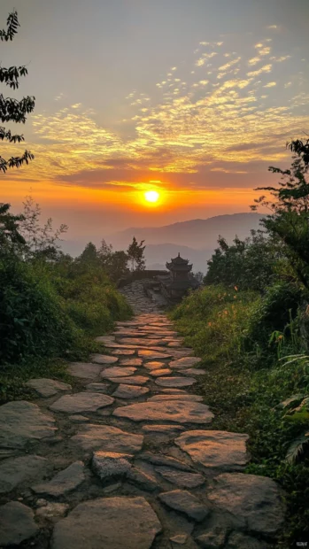 Stone path climbing toward temple bathed in sunrise.