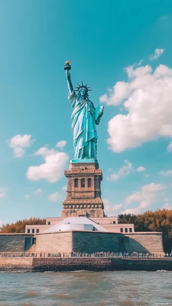Straightforward Statue of Liberty, crisp blue sky background.