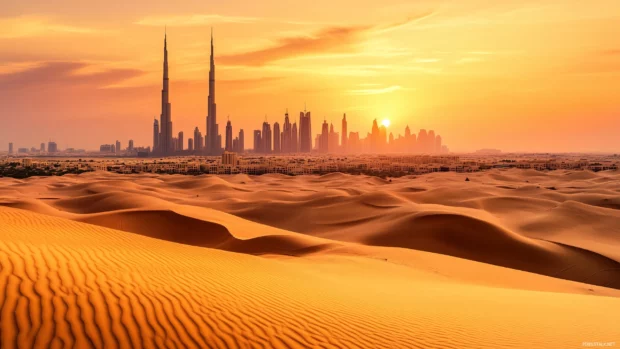 Straightforward image of Dubai desert landscape, city skyline silhouette in background.