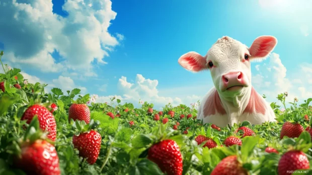 Strawberry Cow Wallpaper with a chubby pink cow sitting in a strawberry field under a blue sky.