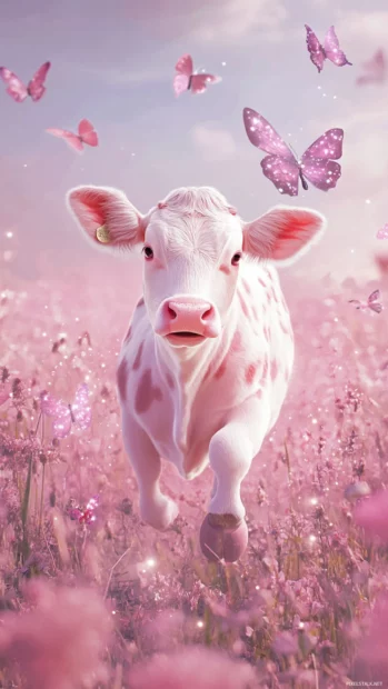 Strawberry Cow chasing butterflies with sparkles in a pink field.