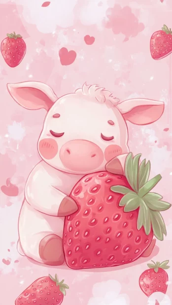 Strawberry Cow chibi phone background showing a sleepy pink cow cuddling a plush strawberry.