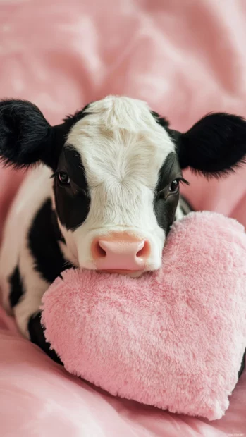 Strawberry Cow cuddling a plush heart in a vertical soft pink setting.