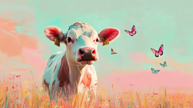 Strawberry Cow looking at butterflies in a pastel landscape.