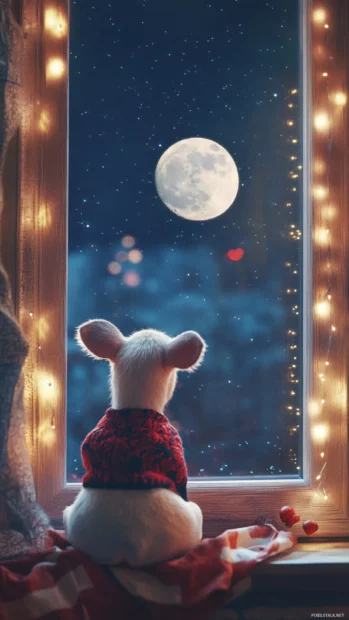 Strawberry Cow looking at the moon from a windowsill with fairy lights.