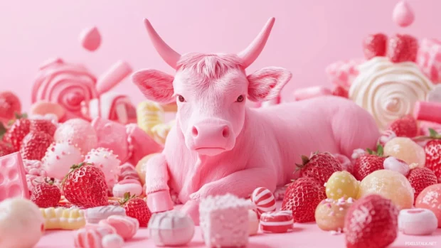 Strawberry Cow pastel background featuring a lounging pink cow surrounded by sweets.