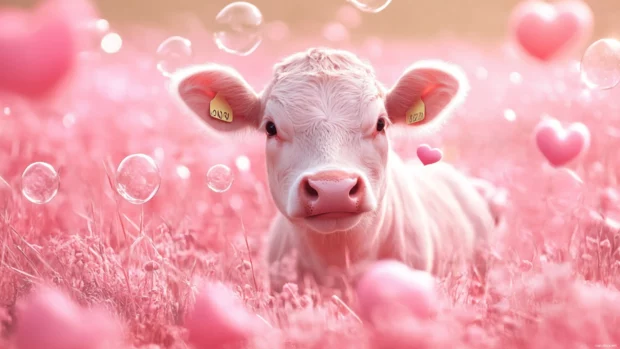 Strawberry Cow playing with floating heart bubbles on pink grass.