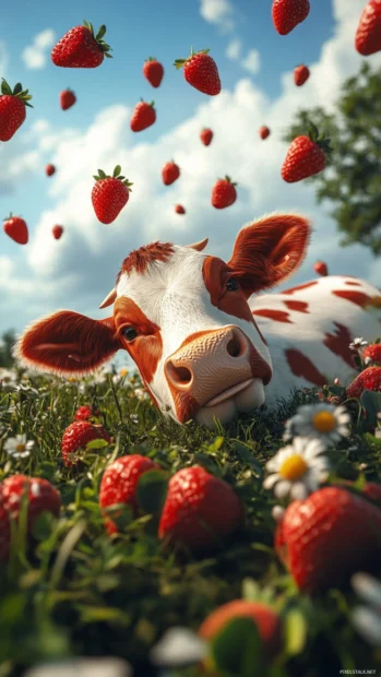 Strawberry Cow rolling in the grass with strawberries falling from the sky.