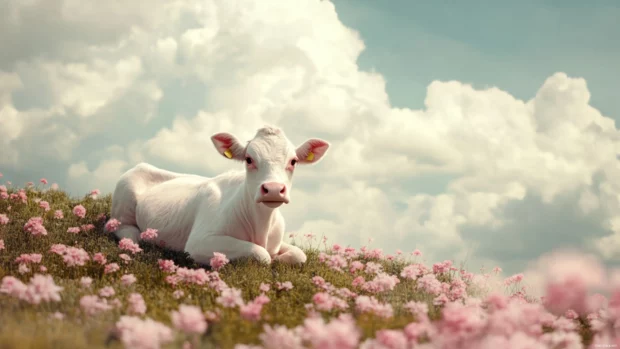 Strawberry Cow sitting peacefully on a hill with pink flowers blooming around.