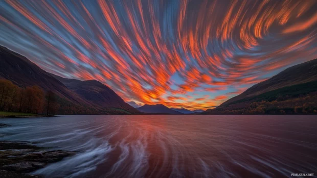 Streaks of orange and pink dramatic evening sky silhouette distant mountains.