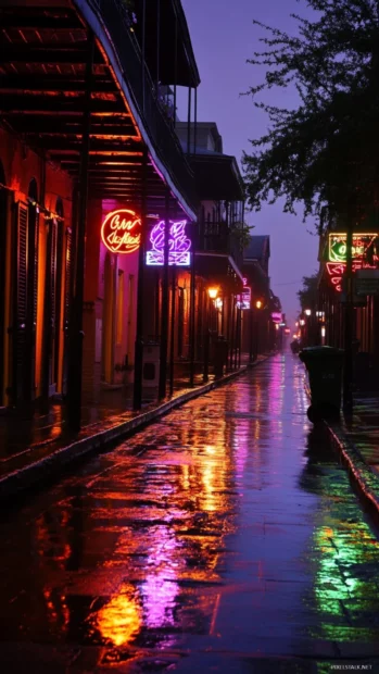 Street bathed in mystical Light from neon signs.