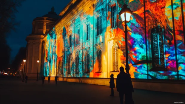 Street murals illuminated by lamps in the Nighttime City.