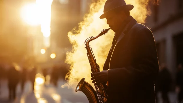 Street performer playing saxophone in dramatic light.