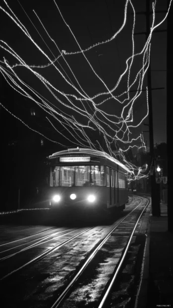 Streetcar headlights creating trails of Light.