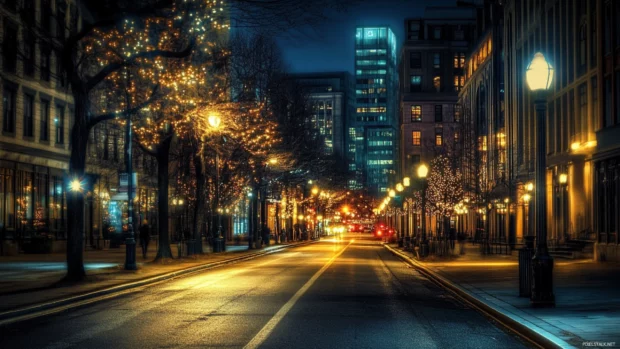 Streetlights and shadow blend into the perfect Nighttime City Desktop Wallpaper.