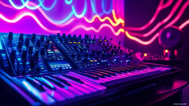 Studio desk with glowing MIDI controller and mixer, Colorful music wave wallpaper HD.