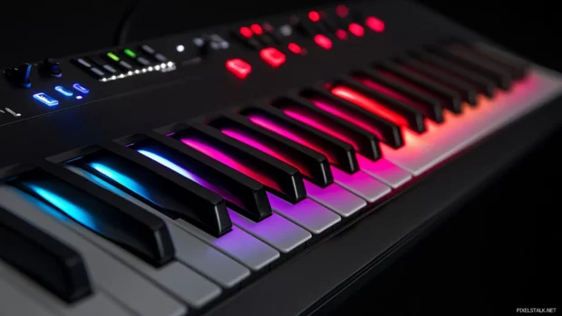 Studio keyboard with dynamic LED strip colors.