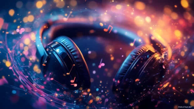 Studio music production wallpaper HD, Music notes swirling around headphones in motion.