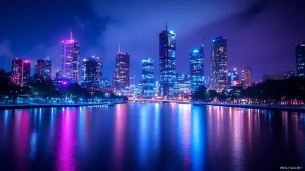 Stylish city nights wallpaper for PC with vibrant blue and magenta tones.