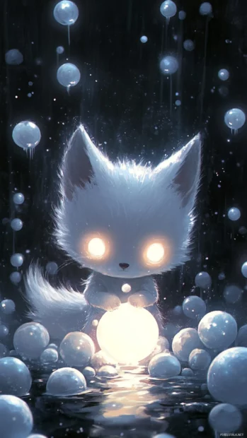 Stylized chibi white wolf with glowing eyes surrounded by snow orbs.