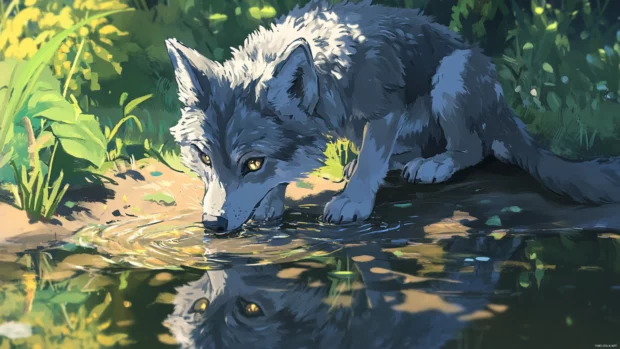 Stylized cute wolf playing in a puddle and looking at its own reflection.