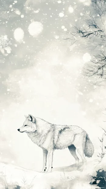 Stylized ink drawing of a wolf in a minimalistic snow forest scene.