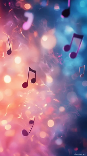 Stylized music notes floating through abstract color haze, Aesthetic music wallpaper iPhone.