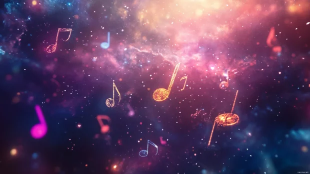Stylized notes floating through a galaxy backdrop in ultra definition with visual energy inspired by Music notes floating wallpaper in 4K.