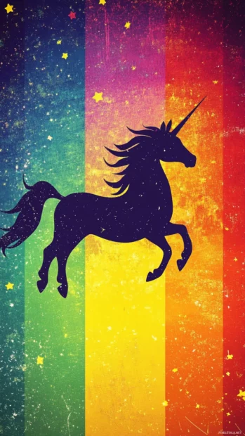 Stylized unicorn silhouette against a bright rainbow arc in vertical layout.