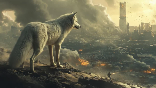 Stylized white wolf with storm eyes overlooking a battlefield.