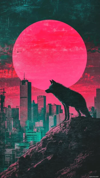 Stylized wolf looking over a city skyline with glitch trails following its movement.