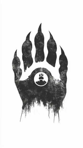 Stylized wolf paw in black ink with minimalist moon symbol in the center.